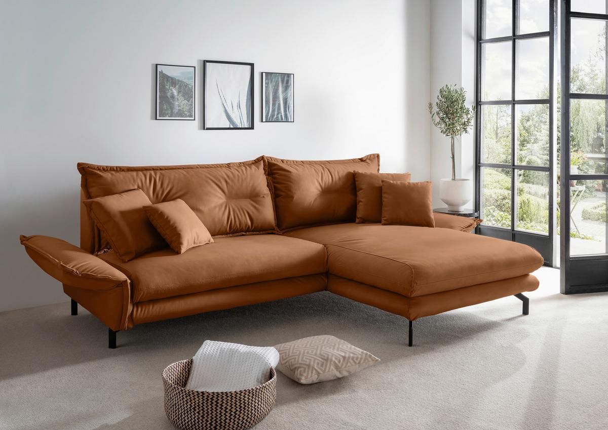 Ecksofa Lava Cognac S: 255x180cm - Cognac/Schwarz, MODERN, Textil (255/180cm) - Livetastic