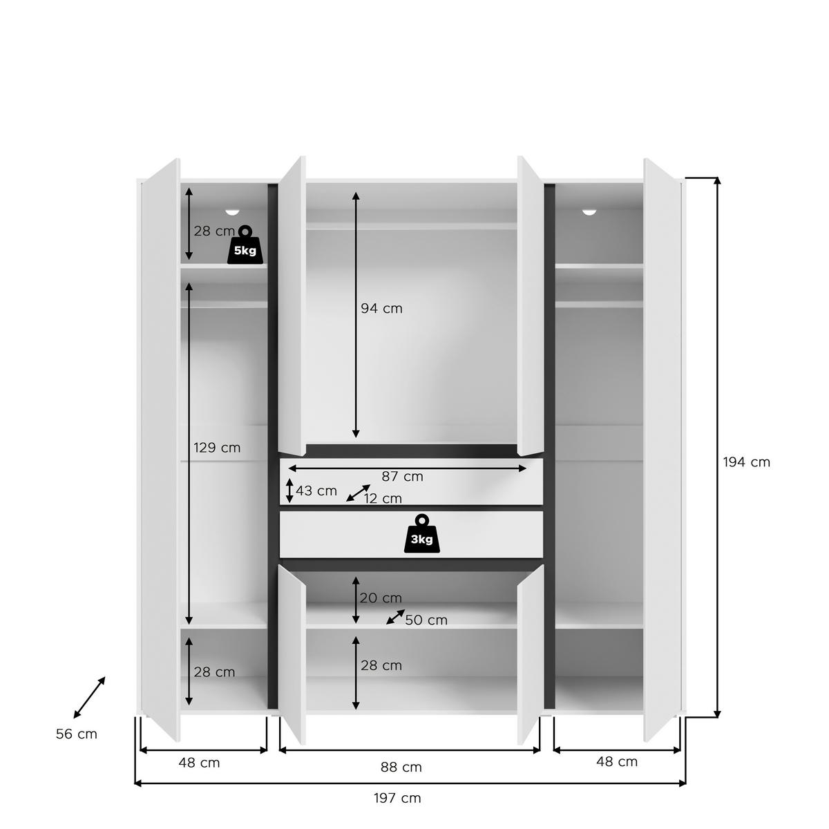 DREHTÜRENSCHRANK Falun Weiß B: 197cm - Weiß, MODERN, Holzwerkstoff (197/194/56cm) - MID.YOU