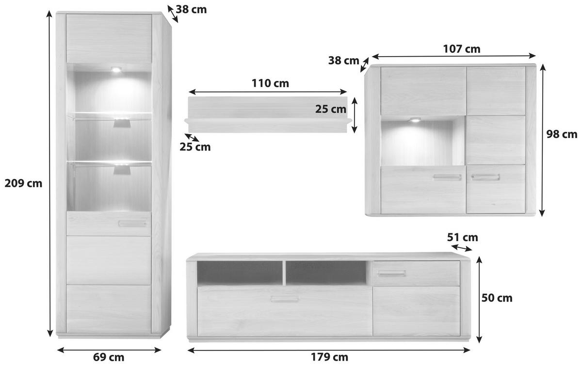 Wohnkombination 4-Tlg. Sena Eichefarben - Eichefarben, Design, Glas/Holz (303/209/51cm) - Livetastic