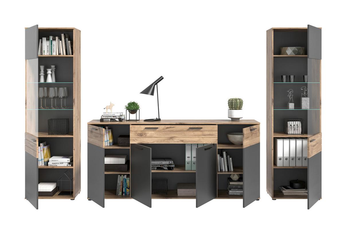 Mason B: 344 cm Nox Oak 3-teilig - Glas/Holzwerkstoff (344/200/40cm) - MID.YOU