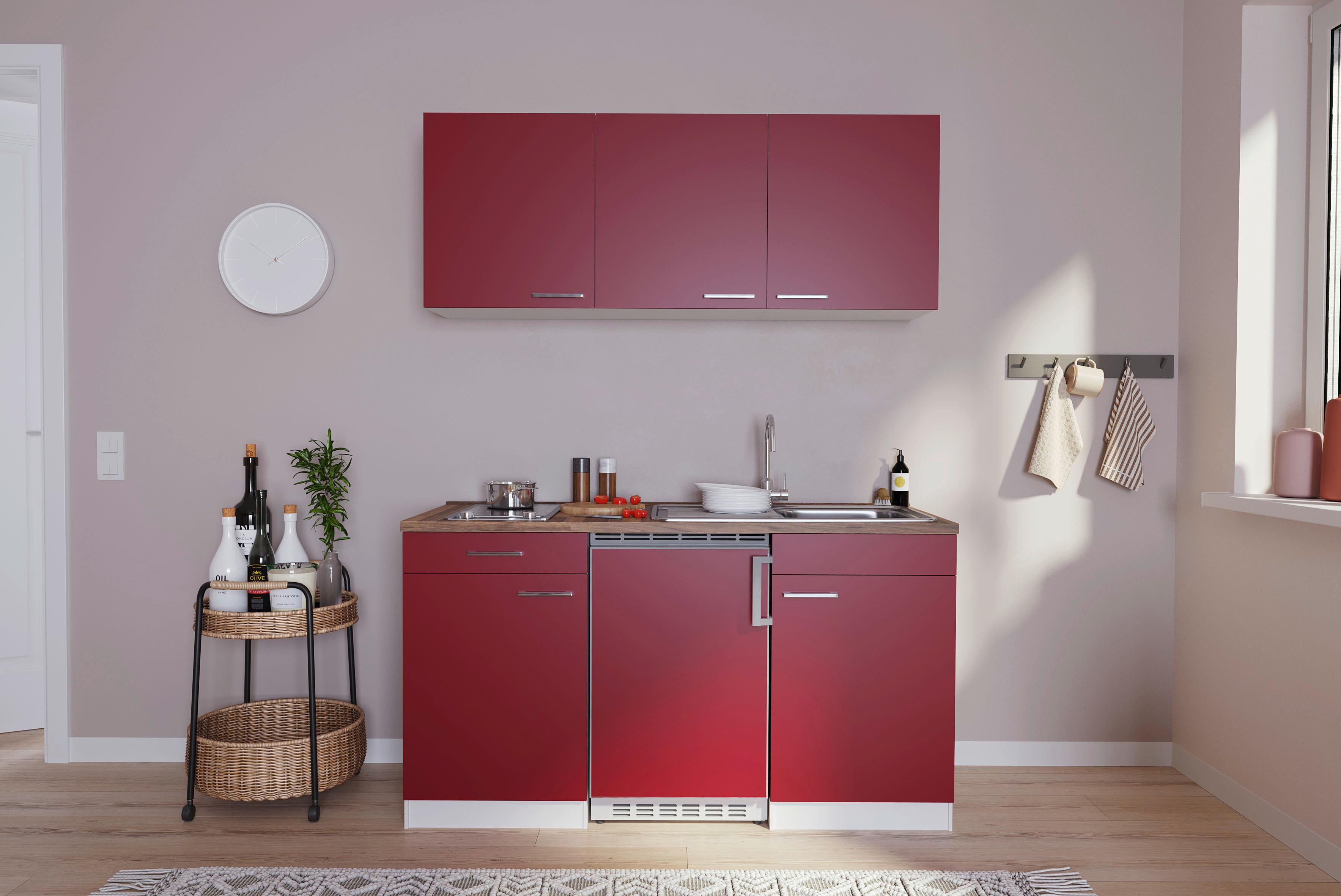 Miniküche Economy mit Geräten 150 cm Rot/ Nussbaum Dekor - Rot/Nussbaumfarben, Basics, Holzwerkstoff (150cm) - Respekta