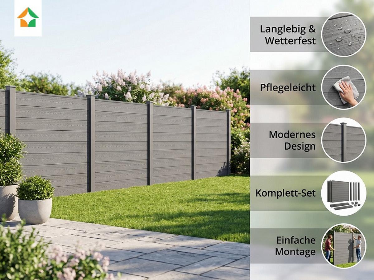 Sichtschutz CARACAS 5xElement + 6 Pfosten, grau - Grau, Basics, Kunststoff (960/10/170cm)