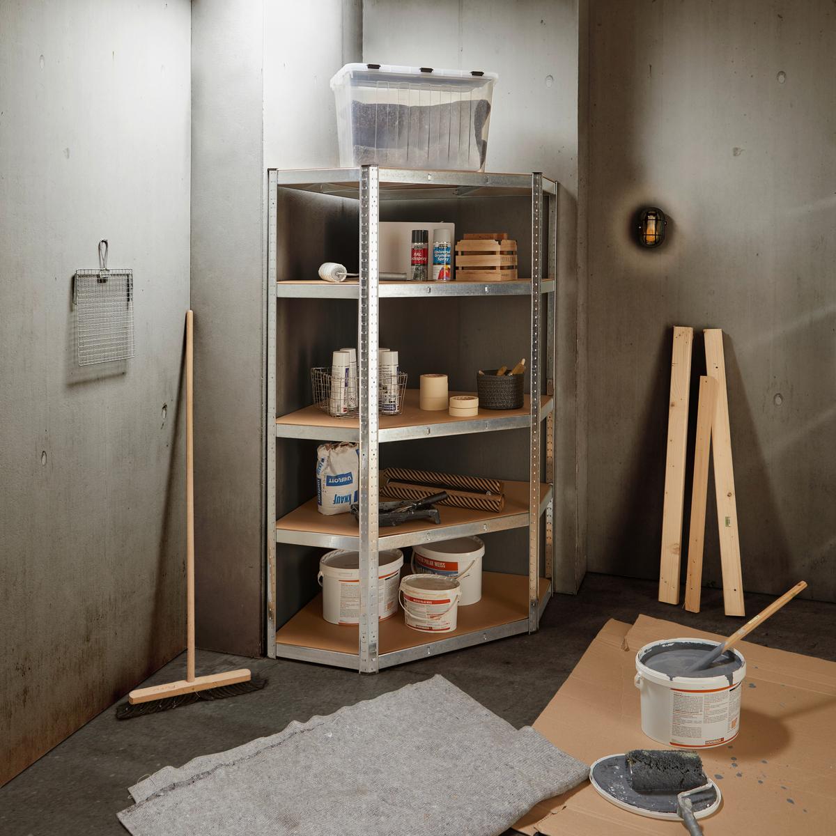 Schwerlastregal Noah -Eck - Silberfarben, Trend, Holzwerkstoff/Metall (90/40/180cm) - Homezone