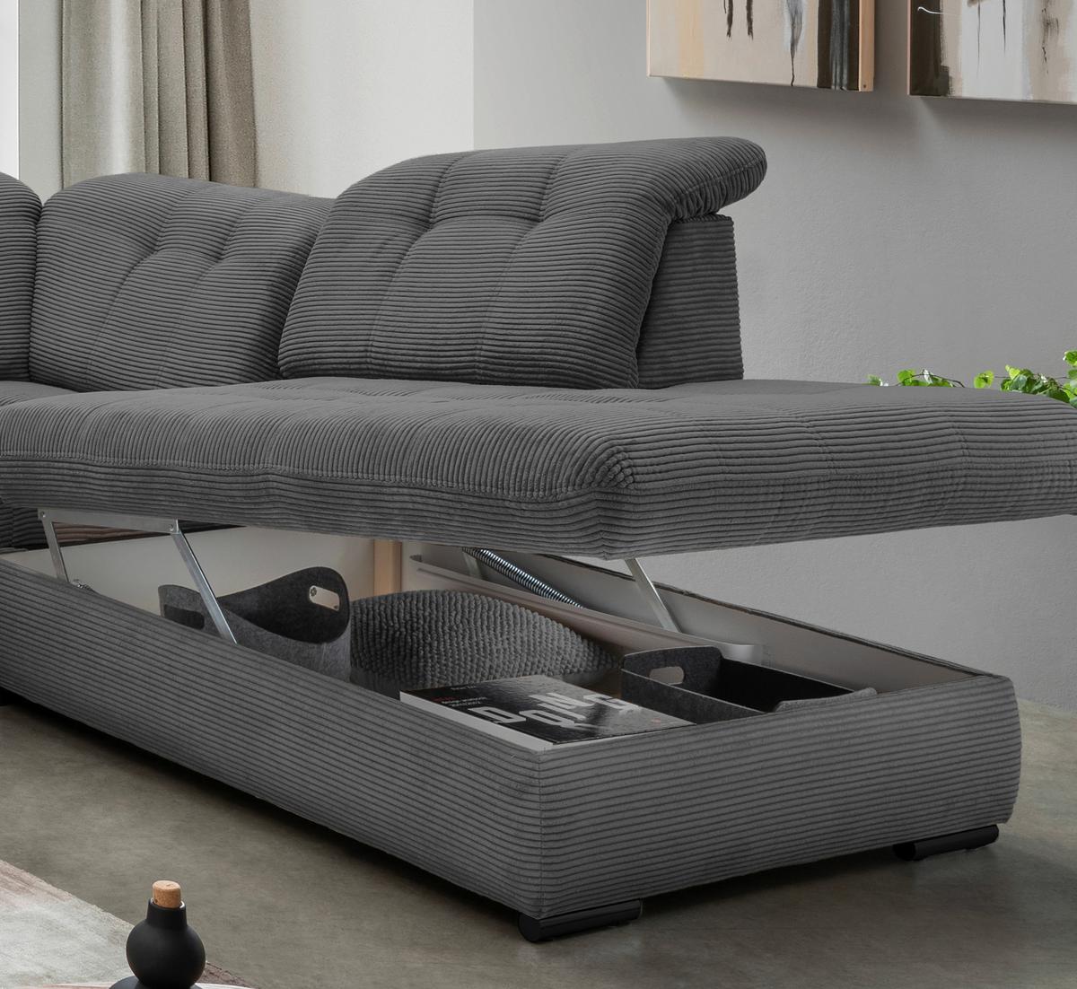 Wohnlandschaft mit Bettkasten Rigatti Grau B: 387 cm - Schwarz/Grau, MODERN, Textil (184/387/252cm) - Livetastic