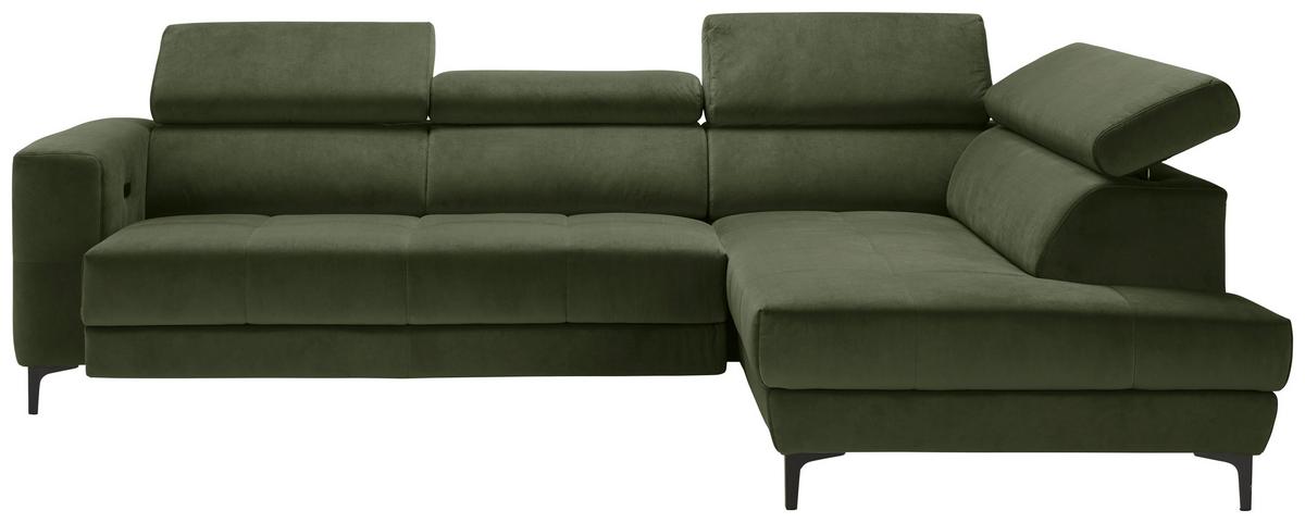 Rohová sedačka EMMA, pravá, oliv.zel.,op.hl.,USB,el.výsuv - černá/olivově zelená, Moderní, textil (301/210cm) - Premium Living
