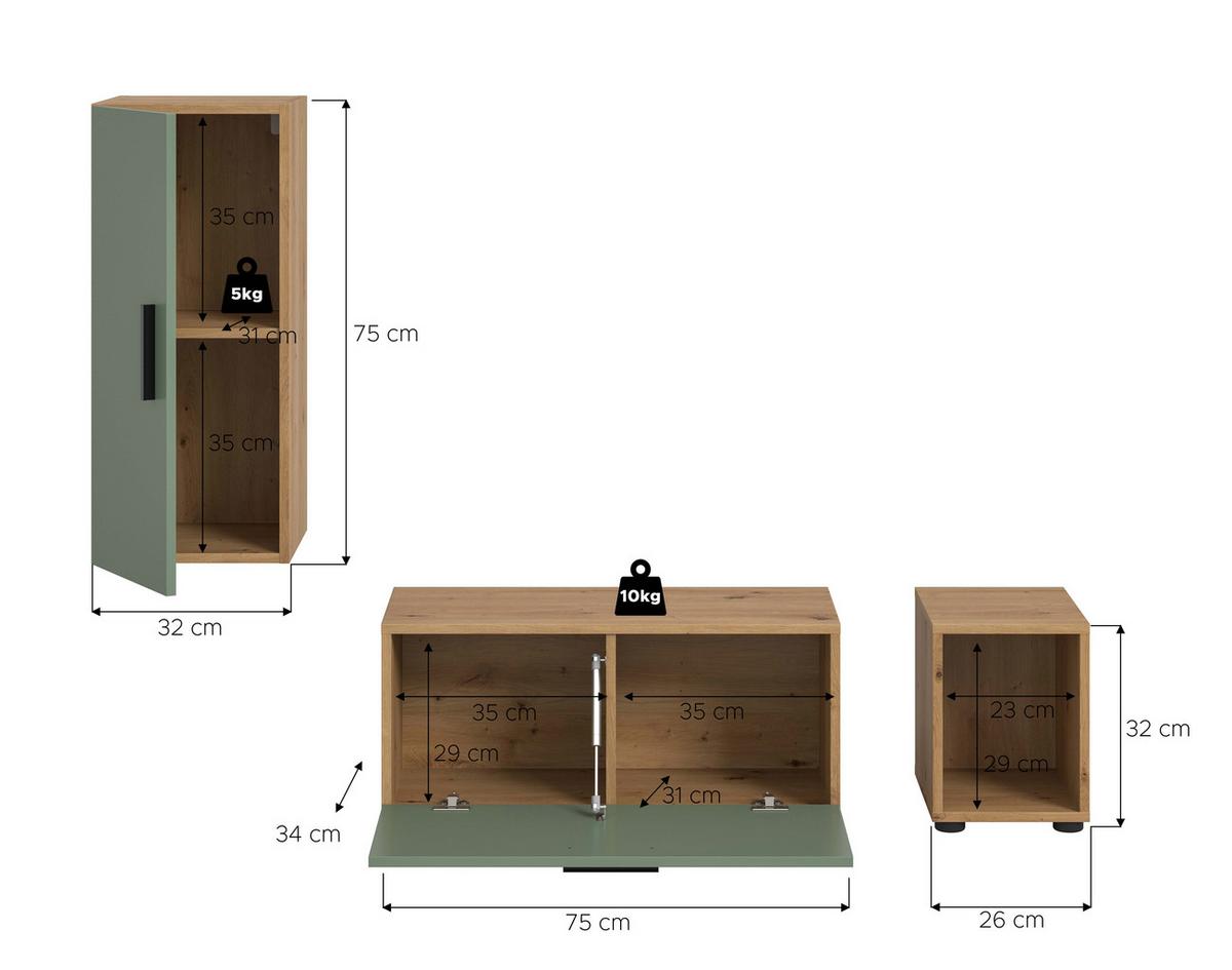 Wohwand, The One Olivgrün/artisan Eiche Dekor - Schwarz/Olivgrün, Trend, Holzwerkstoff (75/32/32/77/33cm)