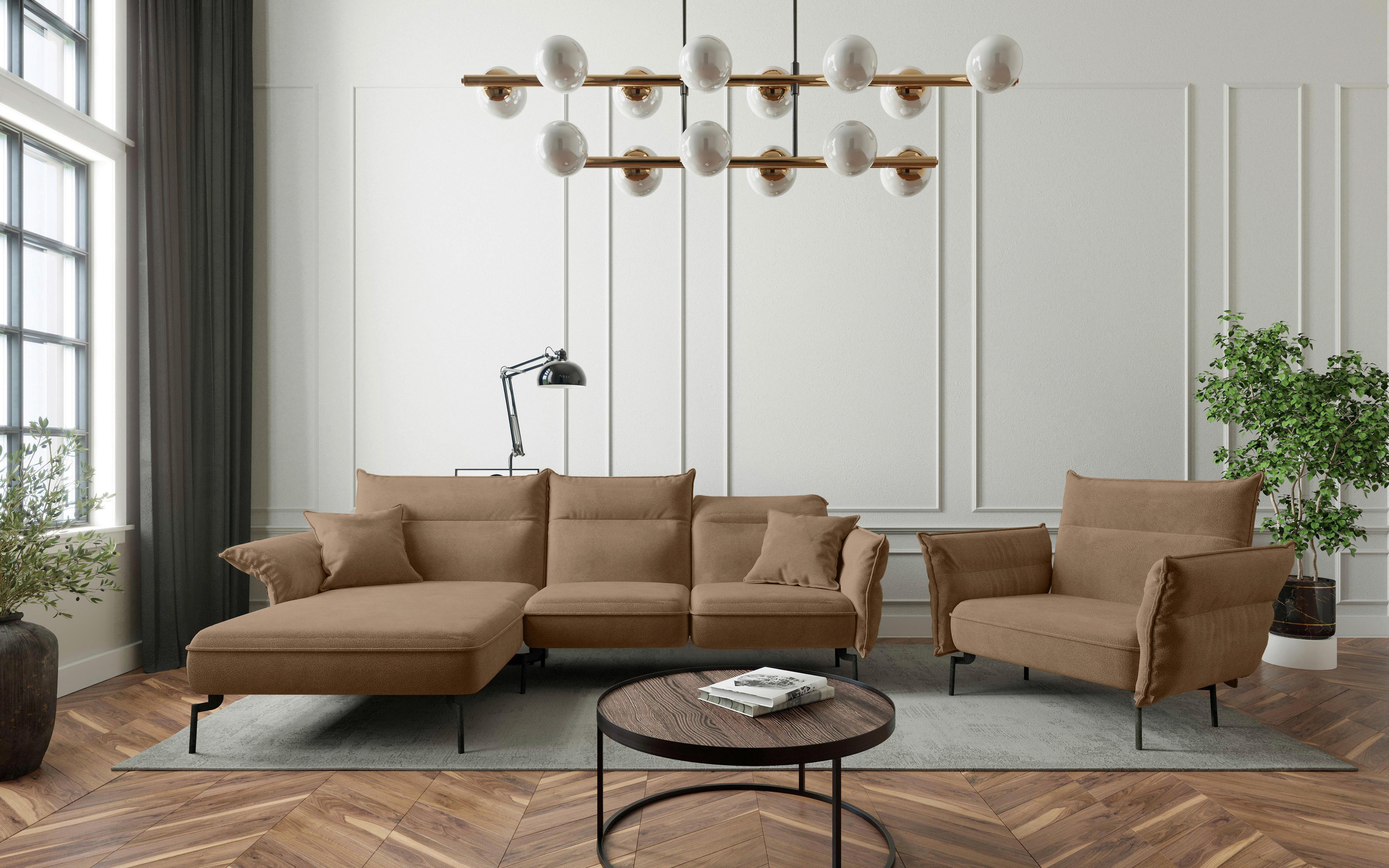 Sitzgarnitur Jakarta - Hellbraun/Edelstahlfarben, Design, Textil (185/265cm) - Livetastic
