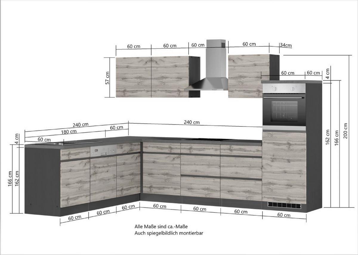 Eckküche Turin Mit Geräten 240x300 Cm Graphit/eiche Dekor - Eiche Wotan/Graphitfarben, Design, Holzwerkstoff (240/300cm) - Held