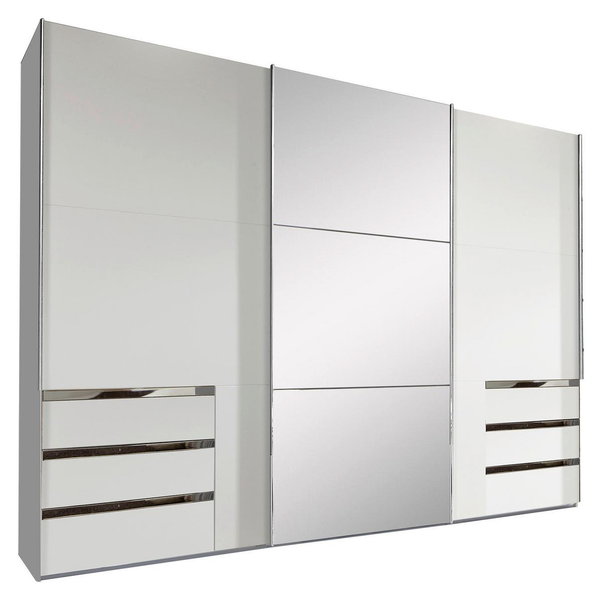 Schwebetürenschrank M. Spiegel + Laden 300cm Level 36a, Weiß - Silberfarben/Weiß, MODERN, Glas/Holzwerkstoff (300/216/65cm) - MID.YOU