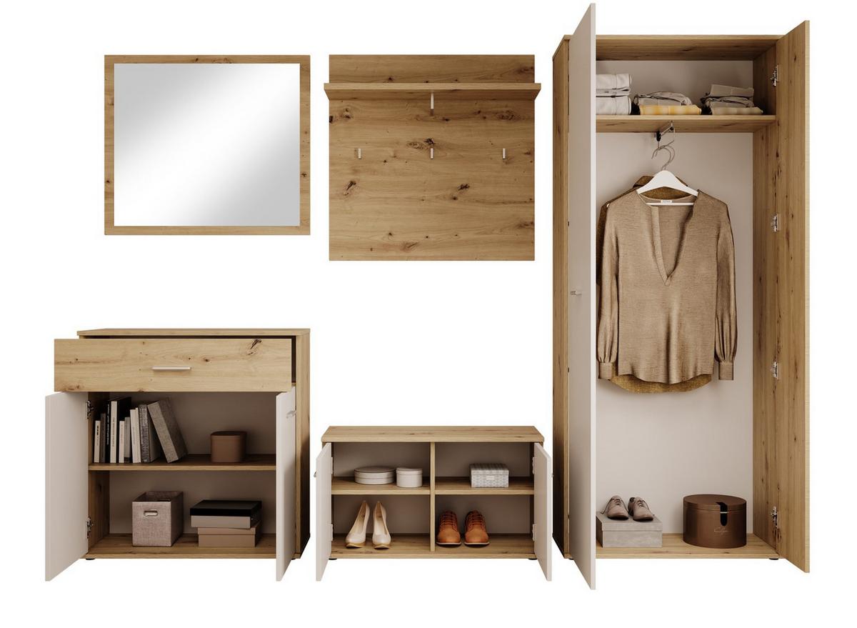Garderobe Eva 5-teilig Weiß/eiche Artisan B: 260 Cm - Weiß/Eiche Artisan, Design, Holzwerkstoff (260/190/35cm) - MID.YOU