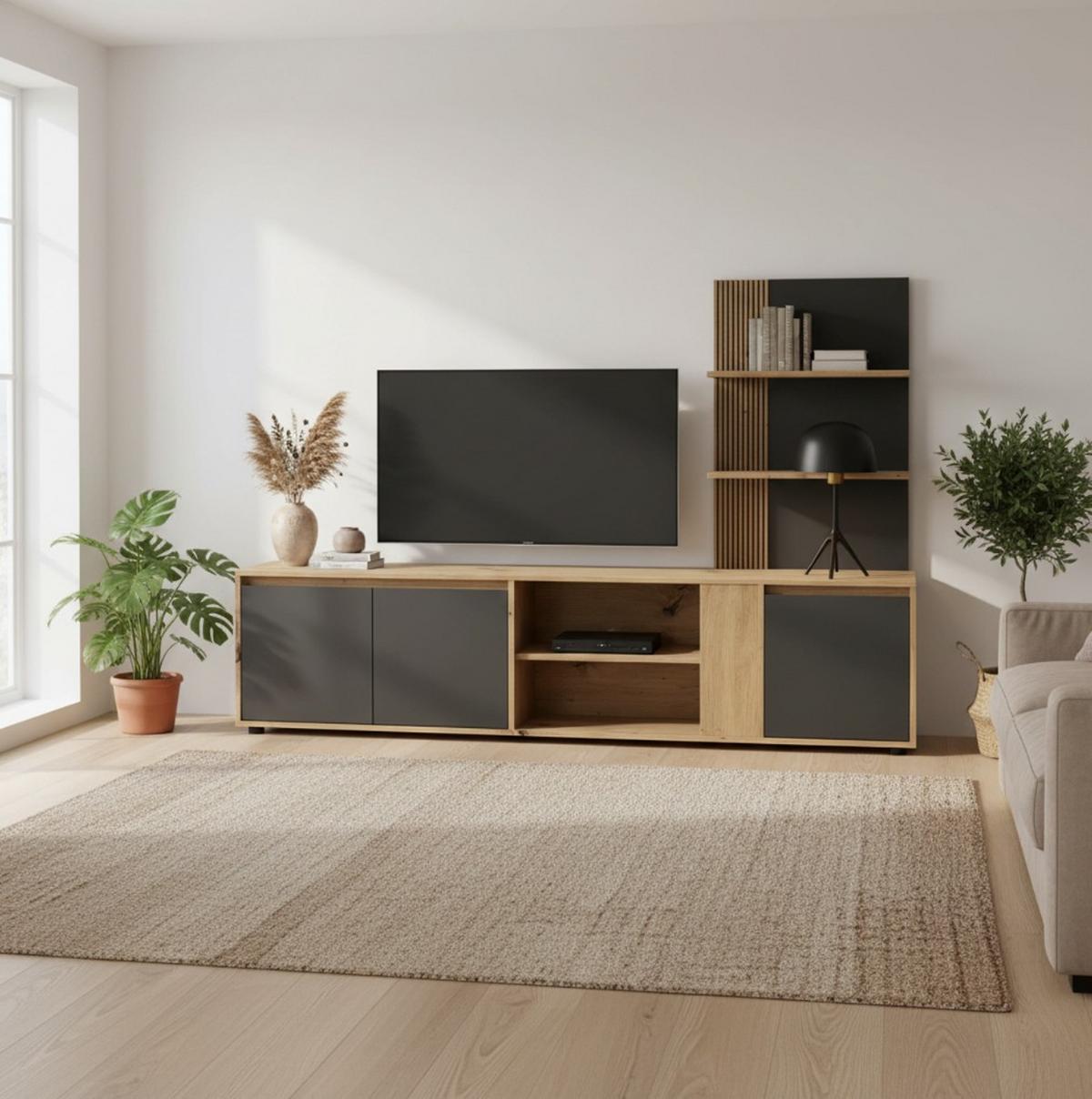 Wohnwand Caneva 2 Anthrazit/Eichefarbe B:202,5cm - Anthrazit/Eiche Artisan, Design, Holzwerkstoff (202,5/133,5/40,3cm) - Livetastic