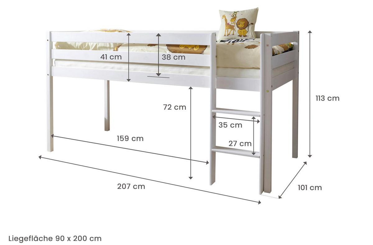 Hochbett Malte Weiß inkl. Rollrost, Vorhang, 90x200 cm - Weiß/Naturfarben, Natur, Holz (90/200cm) - MID.YOU