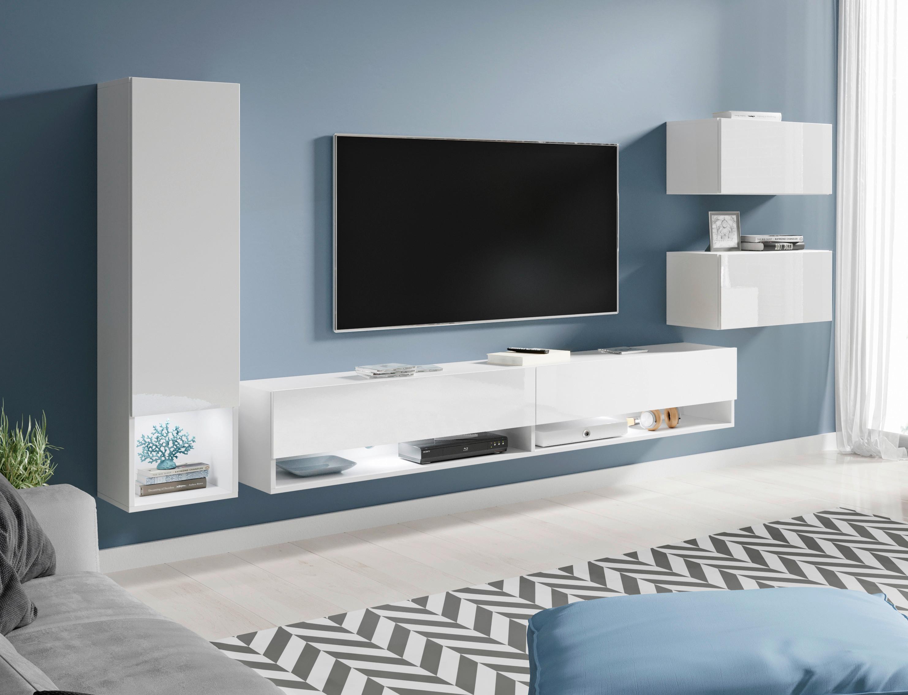 Obývací stěna 4 dílna, s LED osvětlením - bílá/vysoce lesklá bílá, Lifestyle, kompozitní dřevo (270/130/32,5cm) - P & B
