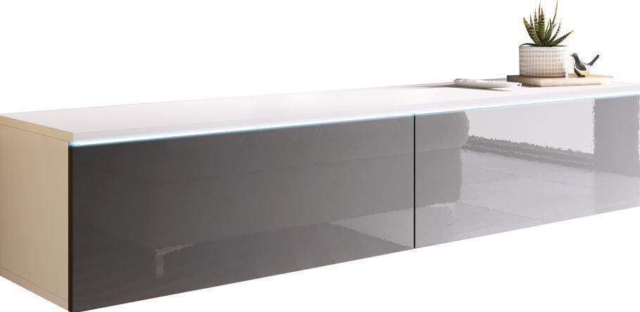 Lowboard B: 140 cm Grau Hochglanz, Weiß matt