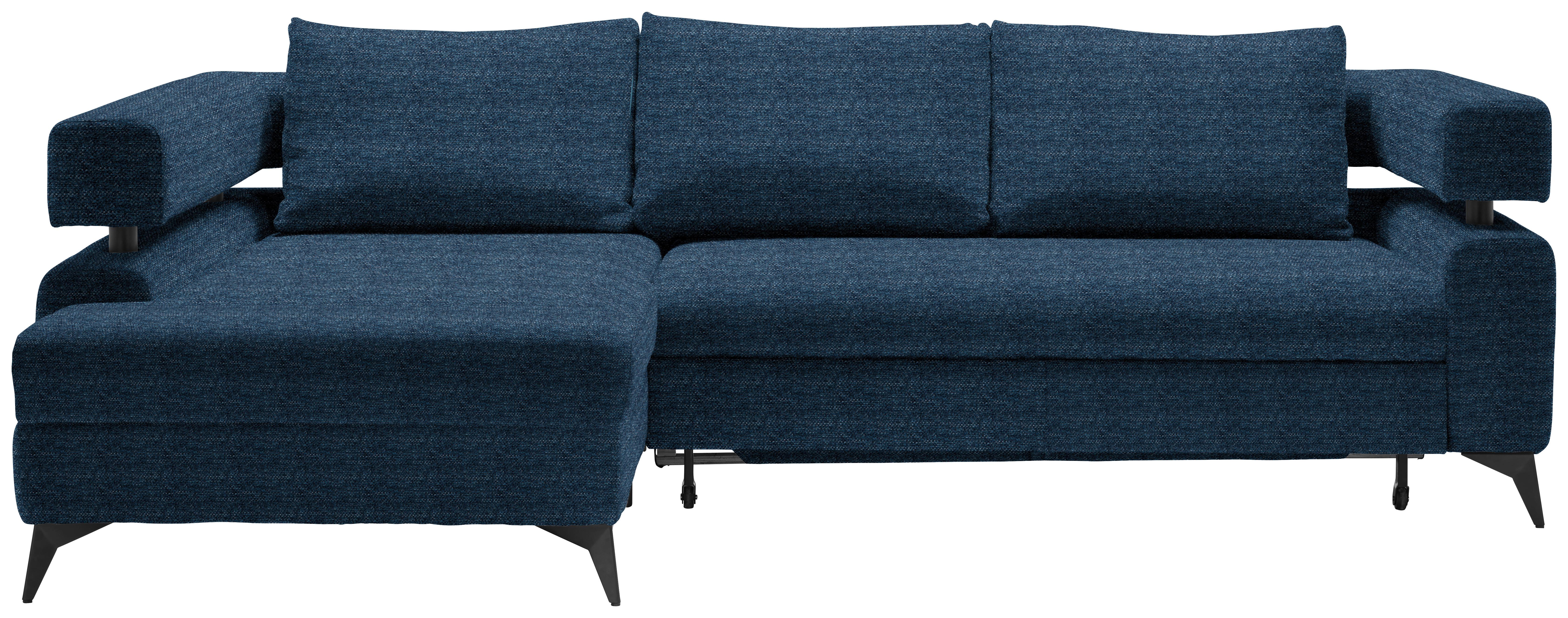 Rohová sedačka ROSALIE, levá s úložným prostorem a lůžkem - černá/tmavě modrá, Konvenční, kov/textil (184/265cm)