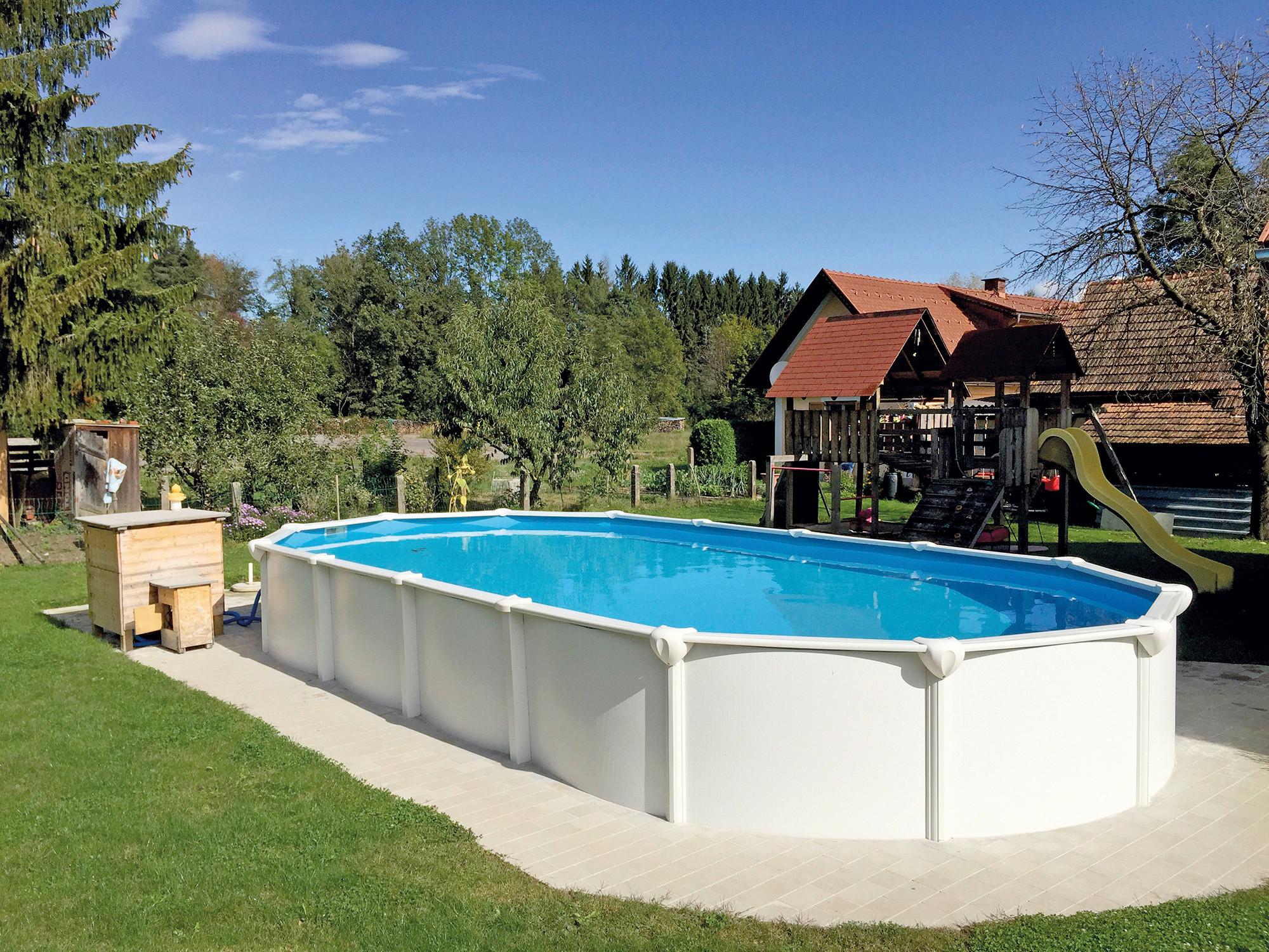 Stahlwandpool oval Kwad mit Leiter und Pumpe L: 730 cm - Blau/Weiß, Basics, Kunststoff (730/370/130cm)