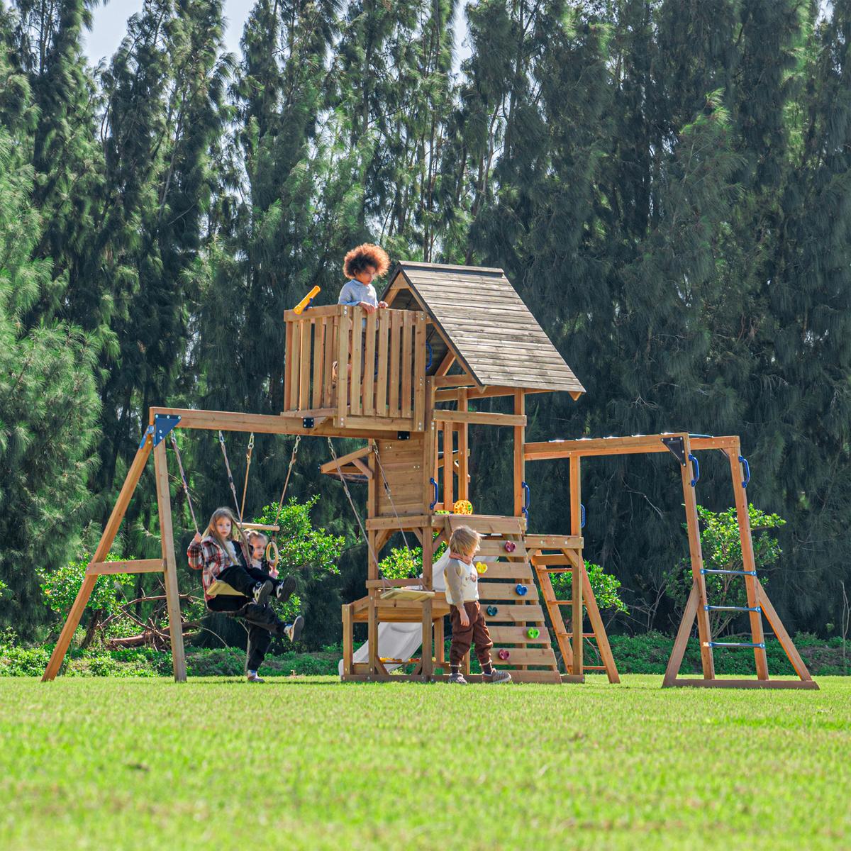 Spielturm mit Rutsche Weiss - Anthrazit/Braun, Basics, Holz/Kunststoff (482/500/338cm) - Ambia Garden