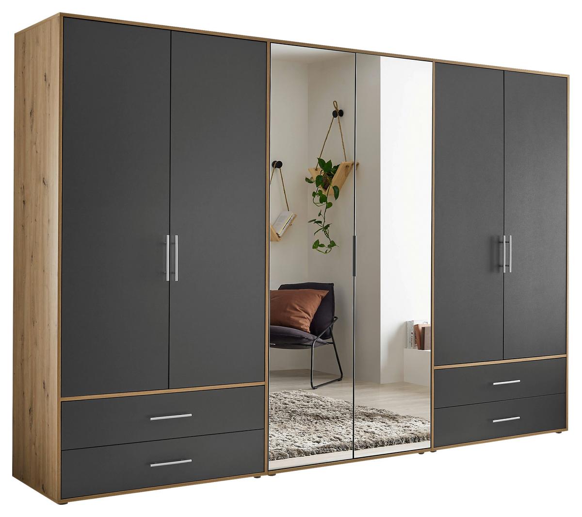 Kleiderschrank Velas, Eiche Artisan, Graphit , B: 302 Cm - Graphitfarben/Eiche Artisan, KONVENTIONELL, Glas/Holzwerkstoff (305/207/58cm)