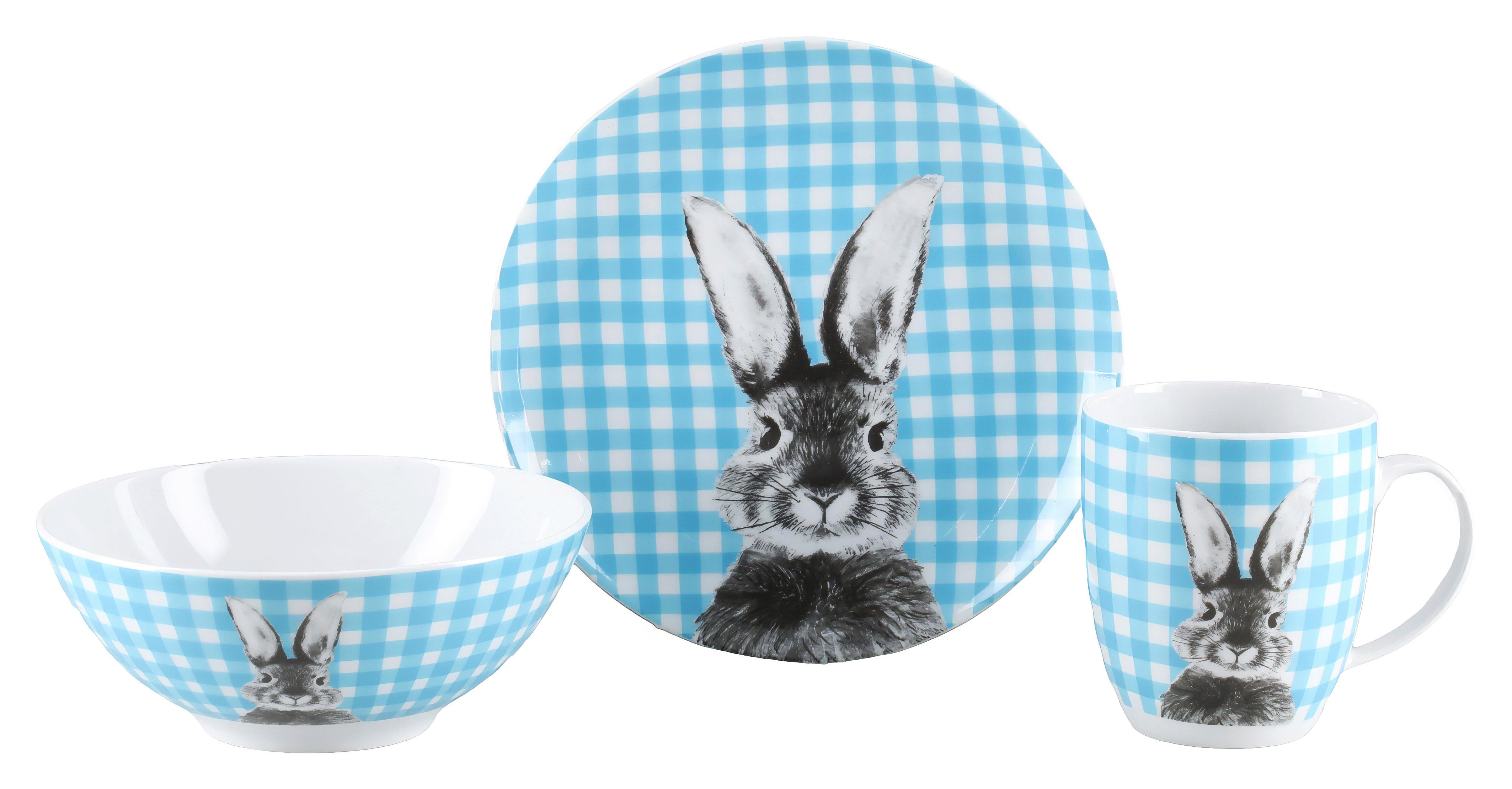 Happy Bunny Frühstücksservice Porzellan, 3tlg. - Weiß/Hellblau, Basics, Keramik - Creatable