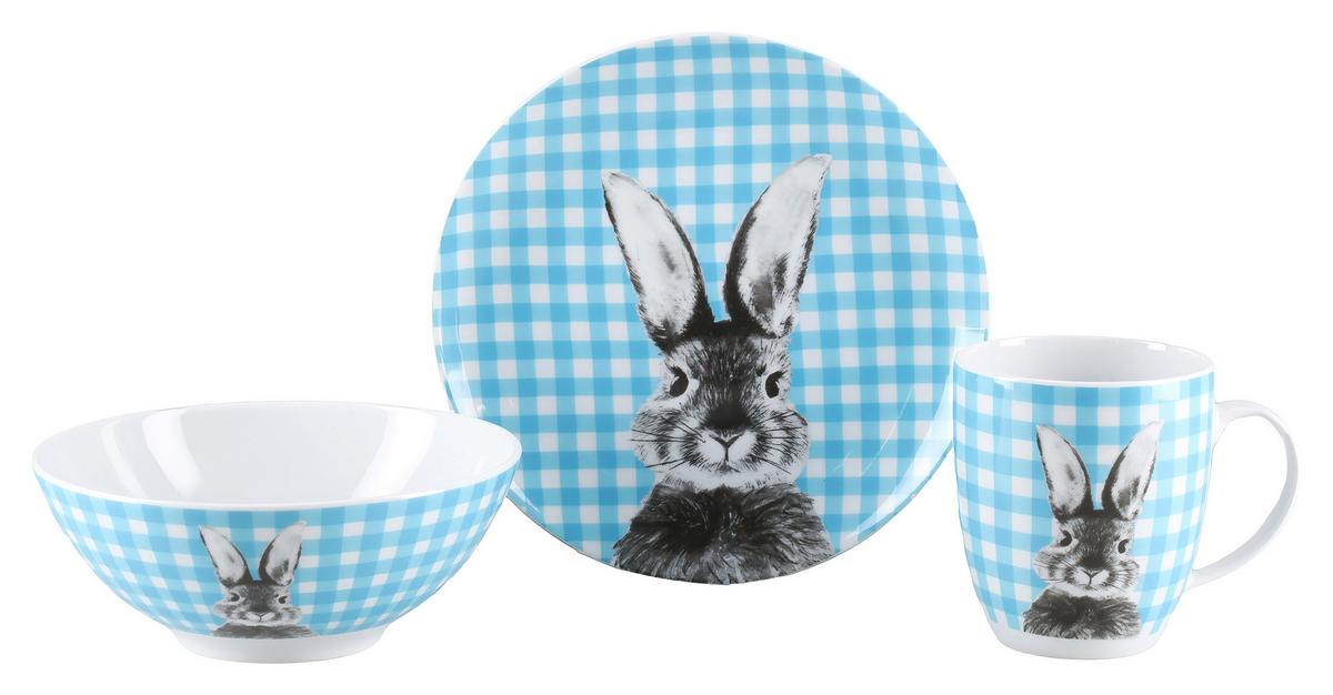 Happy Bunny Frühstücksservice Porzellan, 3tlg. - Weiß/Hellblau, Basics, Keramik - Creatable