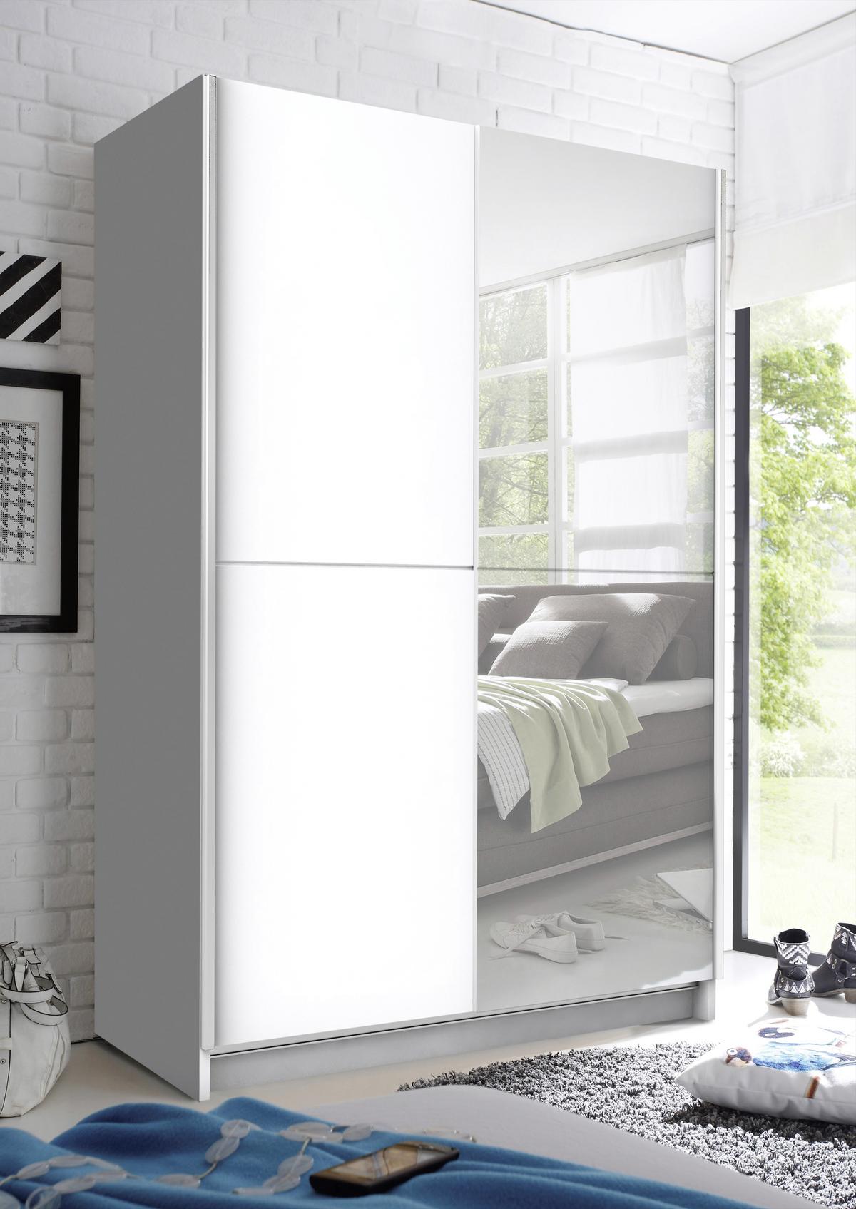 Schwebetürenschrank Mit Spiegel 125cm Fast, Weiß - Silberfarben/Weiß, Basics, Glas (125/195,5/38cm) - P & B