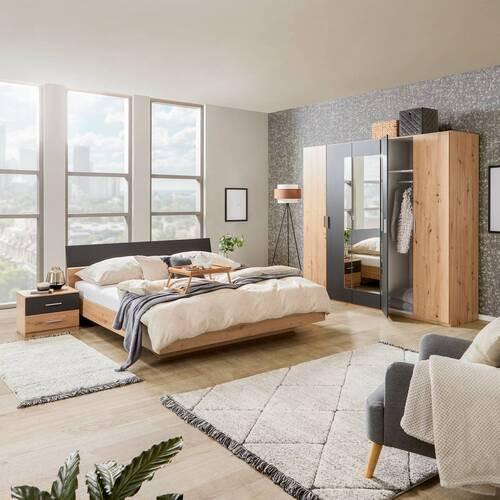 Schlafzimmer-set Katrin 4-tlg. Eiche Dekor/graphit + Spiegel - Eichefarben/Graphitfarben, KONVENTIONELL, Holzwerkstoff