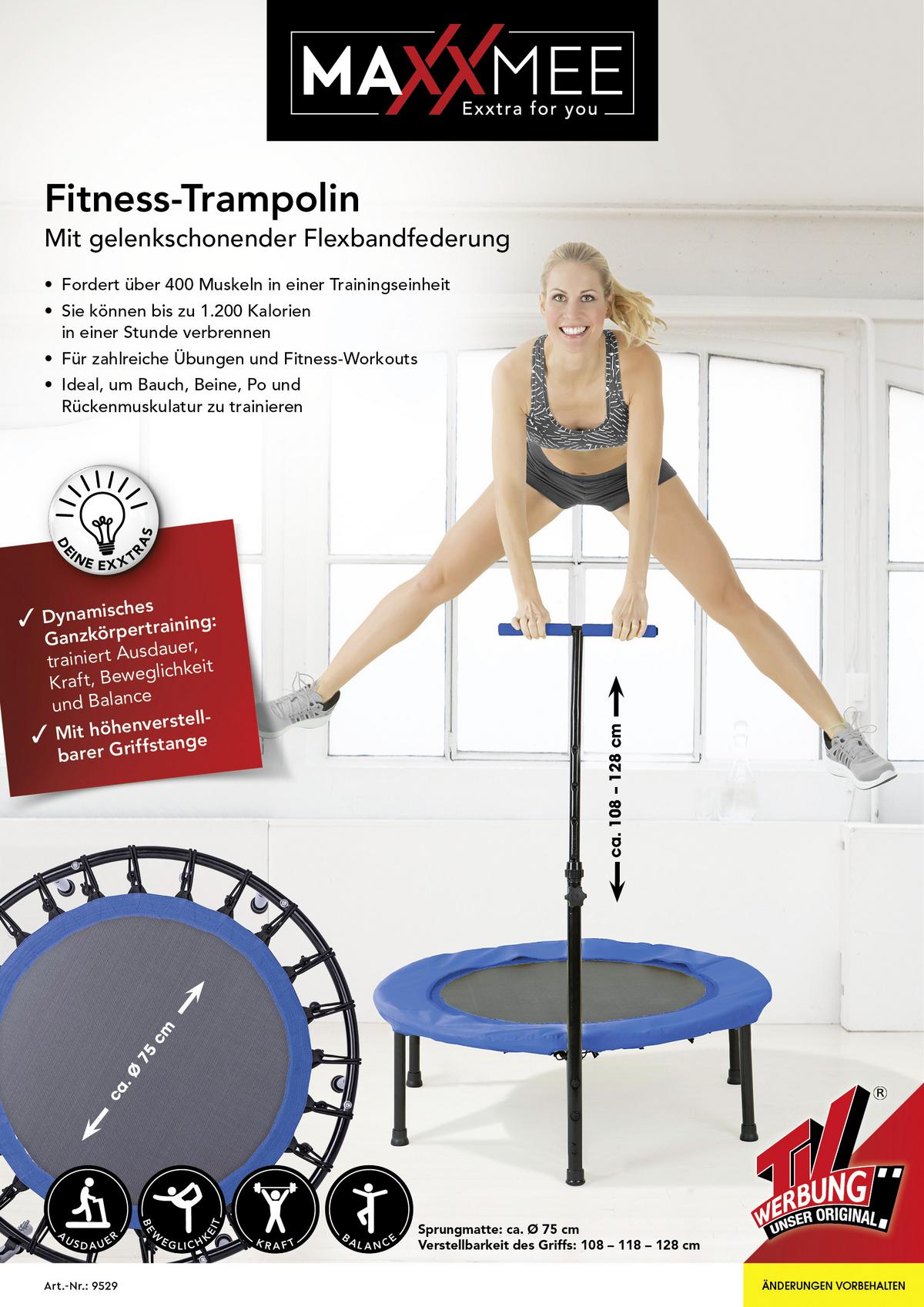 Fitnesstrampolin Ø 75 Cm Mit Griffstange Maxxmee - Blau/Schwarz, Basics, Kunststoff/Metall (34/101,5/97,5cm) - TV - Unser Original