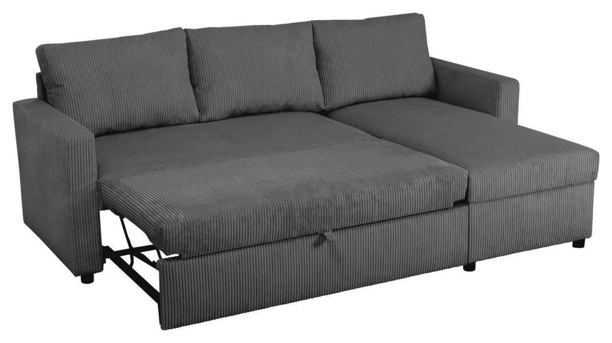 Ecksofa Mit Schlaffunktion Paris Anthrazit Cord 215x145cm - Anthrazit/Schwarz, Basics, Holz/Holzwerkstoff (215/145cm)