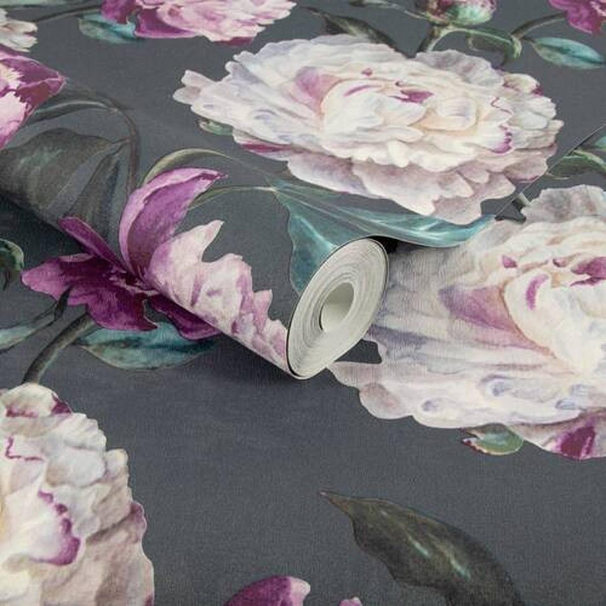 Vliestapete Peony Anthrazit/lila - Anthrazit/Lila, Basics, Papier/Kunststoff (52/1005cm)