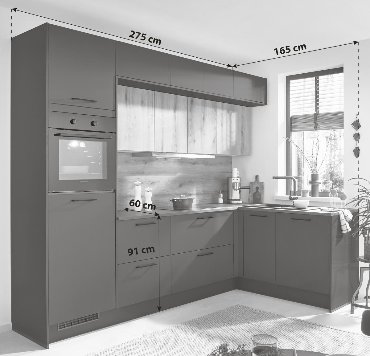 Eckküche Pn210/Pn100 - Eichefarben/Schwarz, Basics, Holzwerkstoff (275/165cm) - Pino