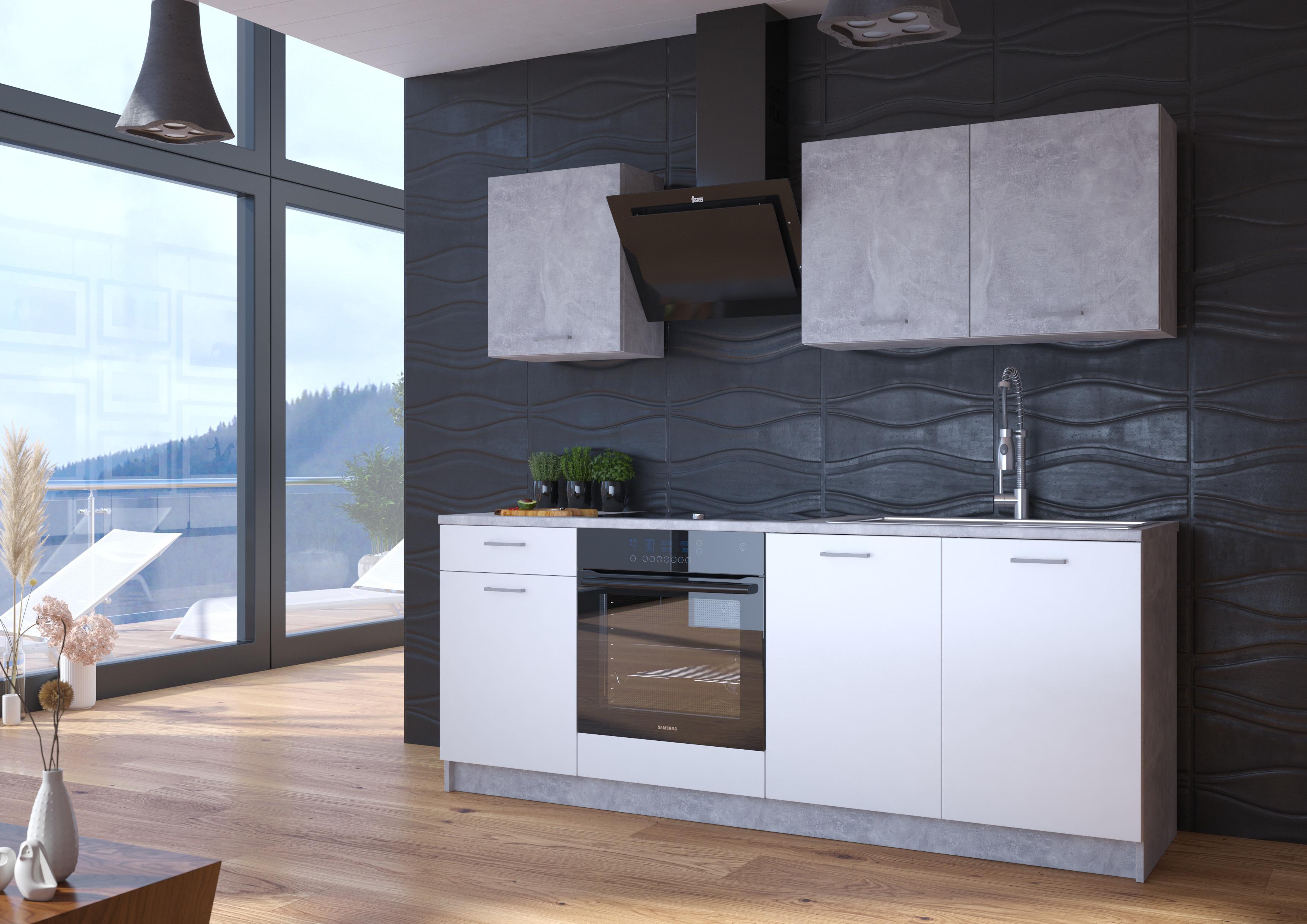 Küchenzeile Stone ohne Geräte 207 cm Betonoptik/Weiß Modern - Weiß, KONVENTIONELL, Holzwerkstoff (207cm)