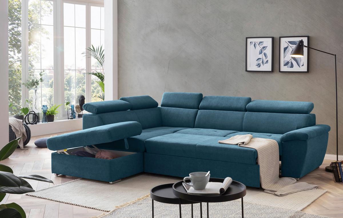 Ecksofa mit Schlaffunktion und Bettkasten Antero Hellblau - Chromfarben/Schwarz, Design, Textil (216/262cm) - Livetastic