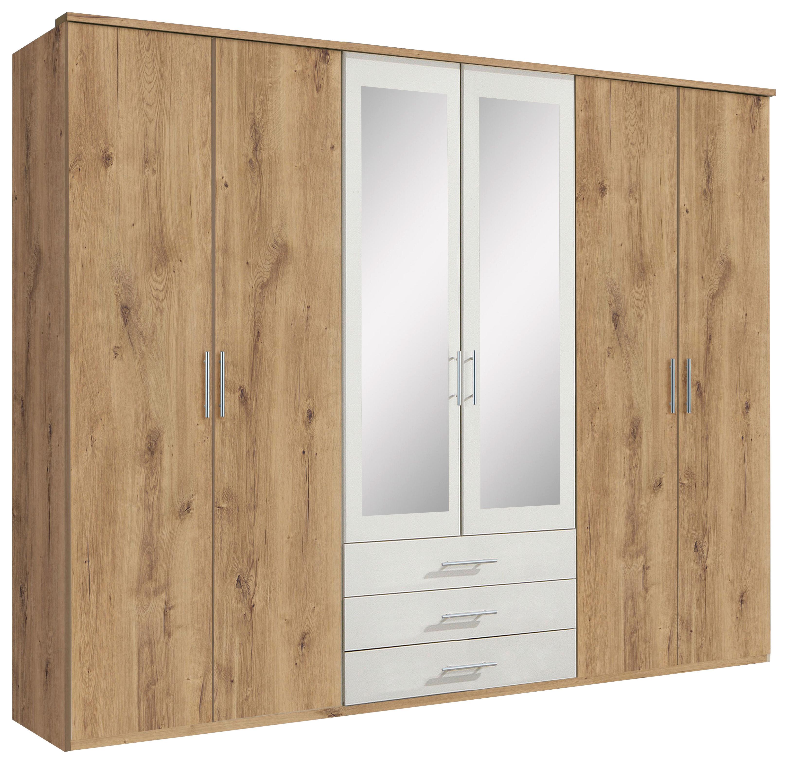 Drehtürenschrank Mit Spiegel + Laden 270cm Ben, Eiche/weiß - Eichefarben/Weiß, KONVENTIONELL, Glas/Holzwerkstoff (270/210/58cm) - MID.YOU
