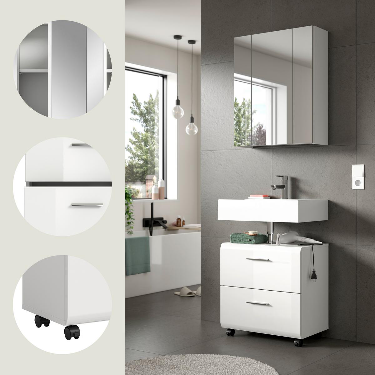 BADEZIMMER Ice Weiß/Weiß HG B: 60cm - Weiß Hochglanz/Schwarz, Trend, Glas/Holzwerkstoff (60cm) - MID.YOU