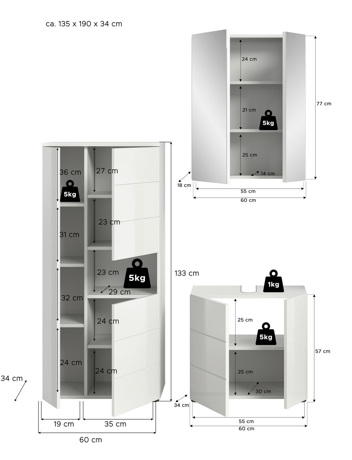 Badezimmer Vira Weiß B: 120 cm - Weiß Hochglanz/Schwarz, MODERN, Holzwerkstoff (120cm) - MID.YOU
