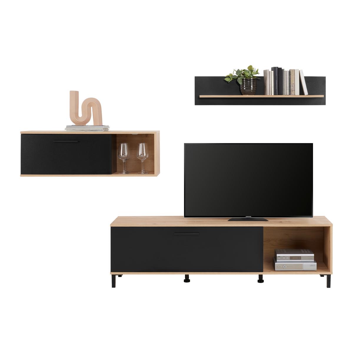 Obývací stěna VIDA - černá/dub artisan, Basics, kompozitní dřevo/plast (255/165/40cm) - Based
