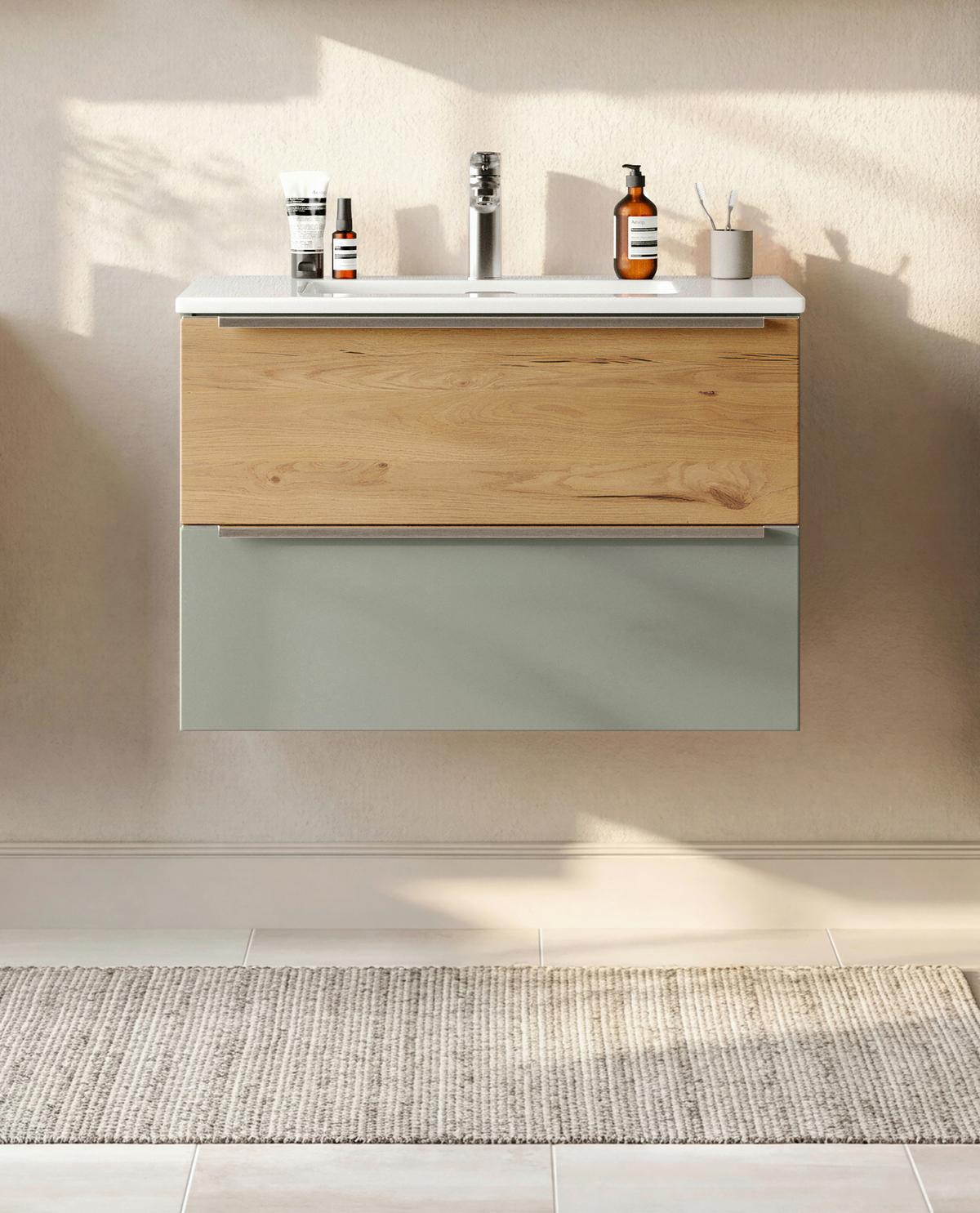 WASCHTISCHKOMBI Schilfgrün/Wildeiche B: 80cm - Schilfgrün/Wildeiche, Trend, Holzwerkstoff/Stein (80/54/47cm) - Held
