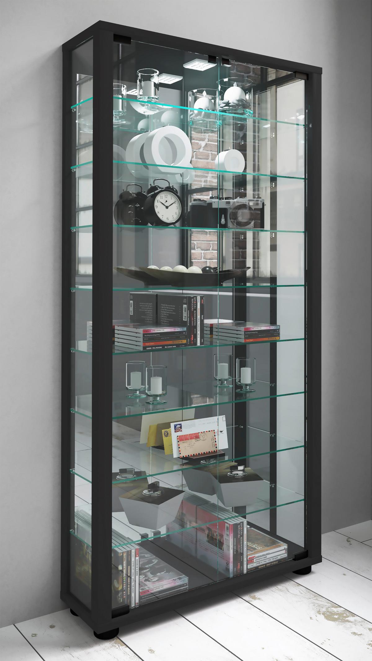 Vitrine Lumo Schwarz B: 59 cm - Schwarz, MODERN, Glas/Holzwerkstoff (59/114,8/18cm) - MID.YOU