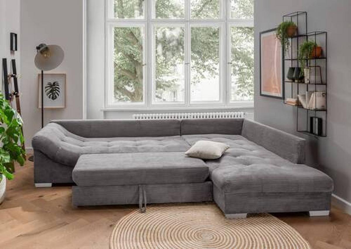 Ecksofa mit Schlaffunktion Alvito Grau Kord - Silberfarben/Grau, Design, Textil (298/202cm) - MID.YOU