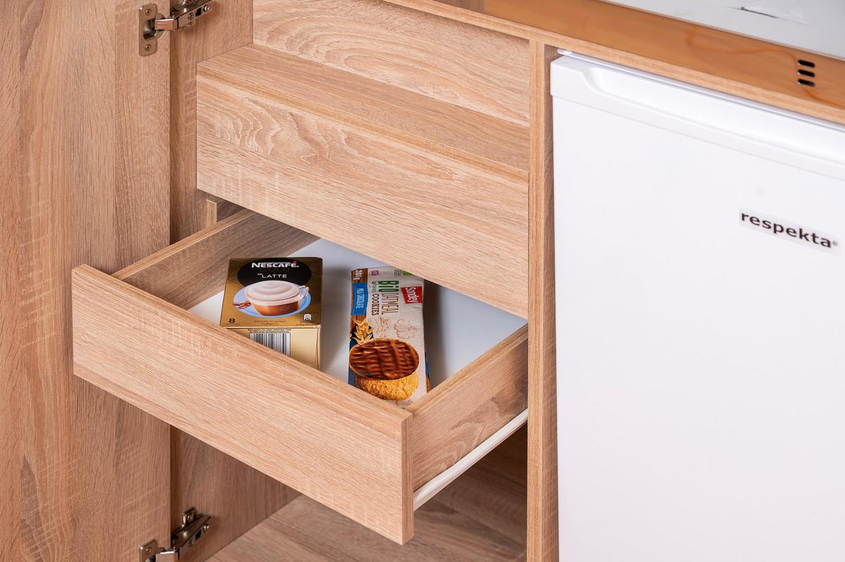 Schrankküche mit Kühlschrank + Kochfeld 104 cm Weiß - Edelstahlfarben/Eichefarben, KONVENTIONELL, Holzwerkstoff/Metall (104/193/67cm) - Respekta