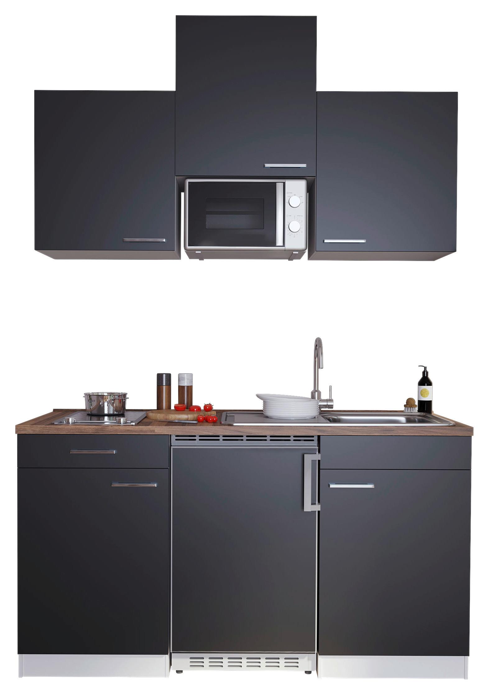 Miniküche Economy mit Geräten 150 cm Schwarz/Nussbaum Dekor - Nussbaumfarben/Schwarz, Basics, Holzwerkstoff (150cm) - Respekta