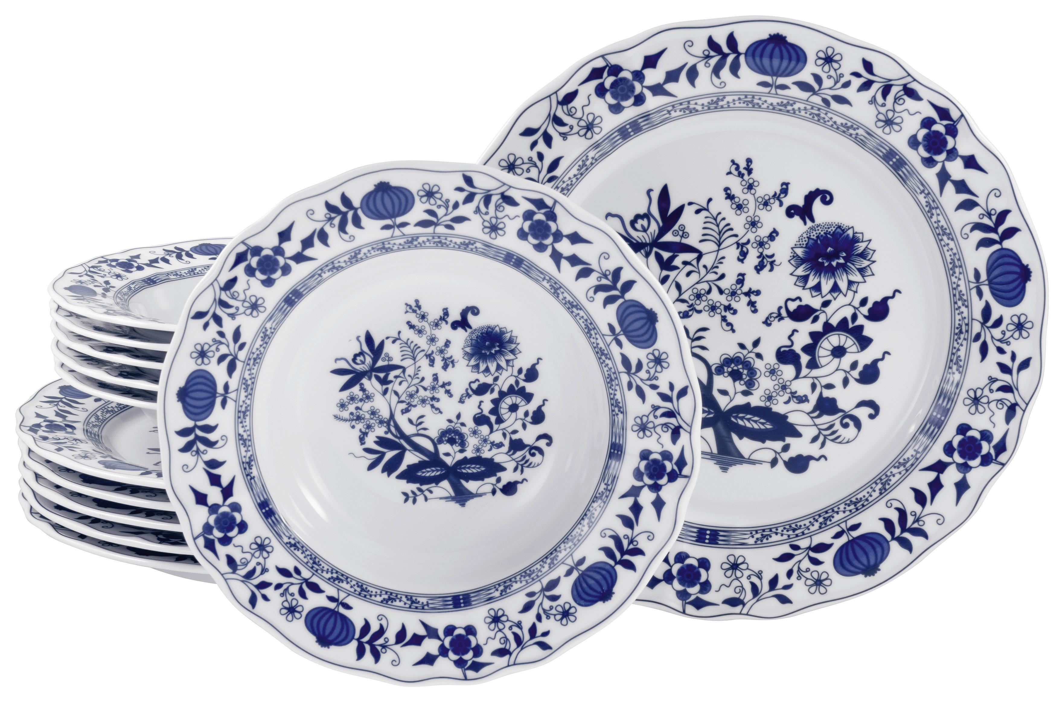 Tafelservice 12-Tlg. Flora Zwiebelmuster, Blau, Weiß - Blau/Weiß, Design, Keramik - Creatable