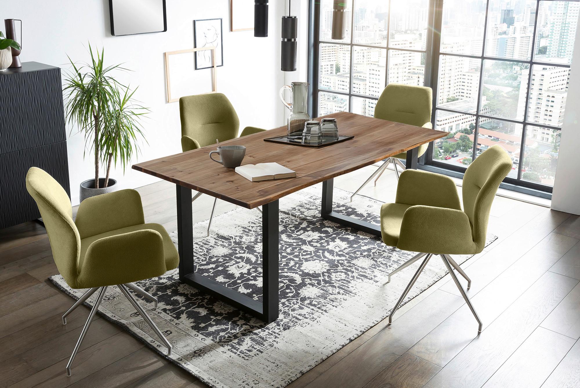 Tischgruppe Grün/Walnussfarben L: 160cm - Silberfarben/Walnussfarben, MODERN, Holz/Textil (160/90/75cm) - Livetastic