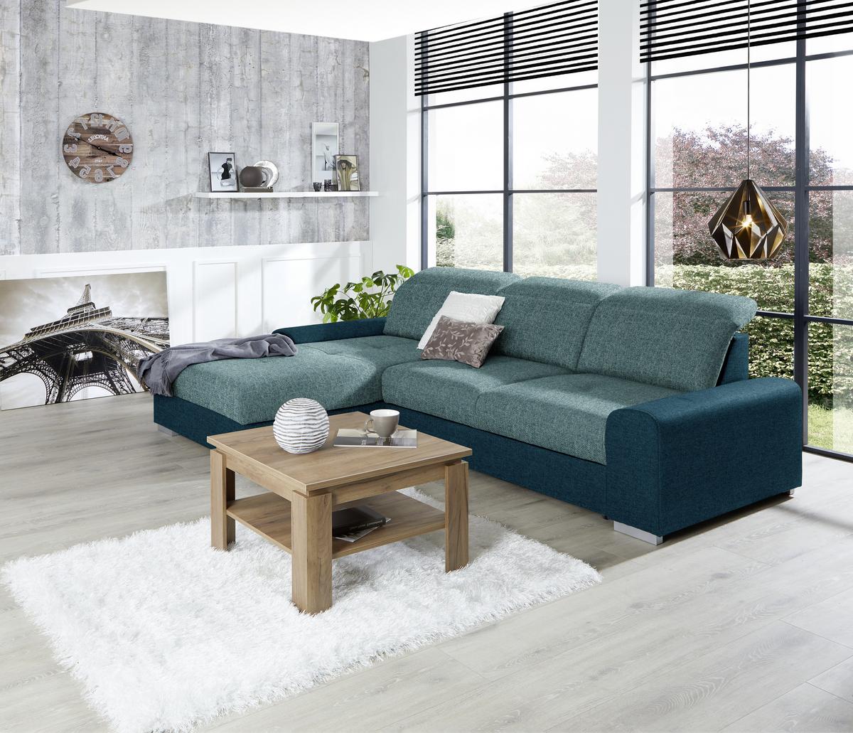 Ecksofa mit Schlaffunktion + Bettkasten Malaga, Webstoff - Türkis/Blau, KONVENTIONELL, Textil (203/286cm) - Ondega