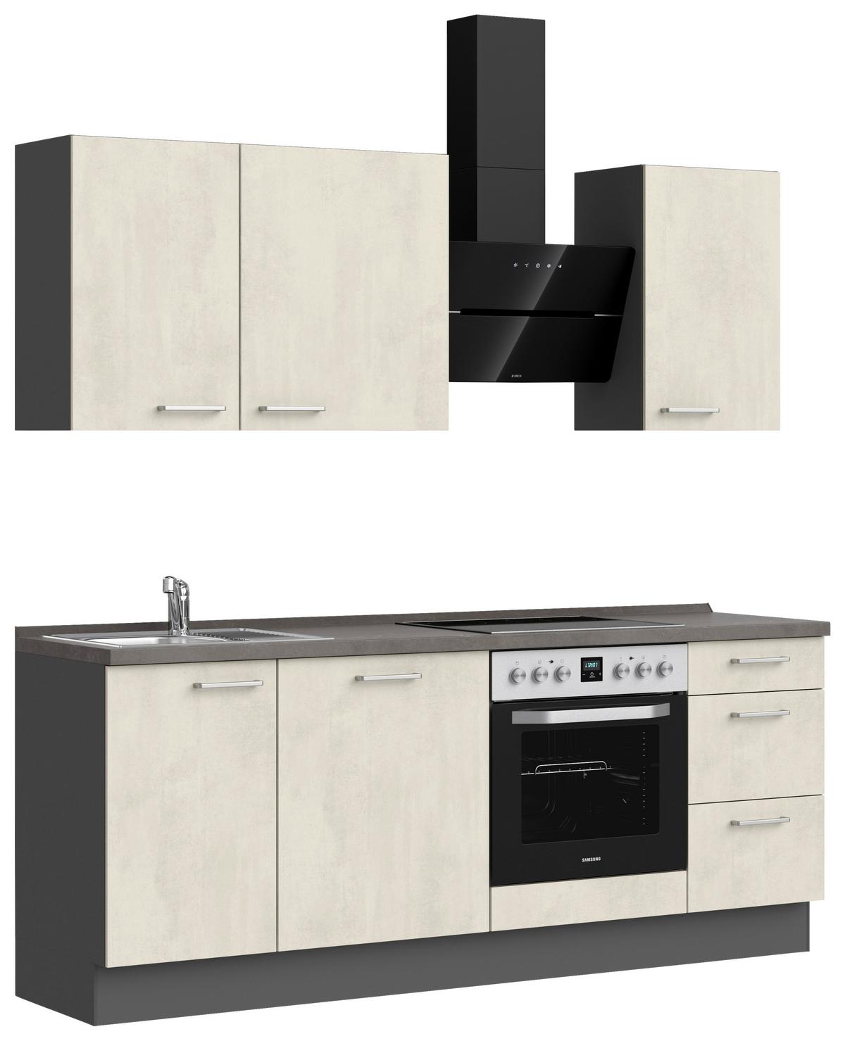 Kuchynská linka 210 cm, biely betón/ bridlicová šedá - biela/farba ušľachtilej ocele, Modern, kov/kompozitné drevo (210cm) - Nobilia