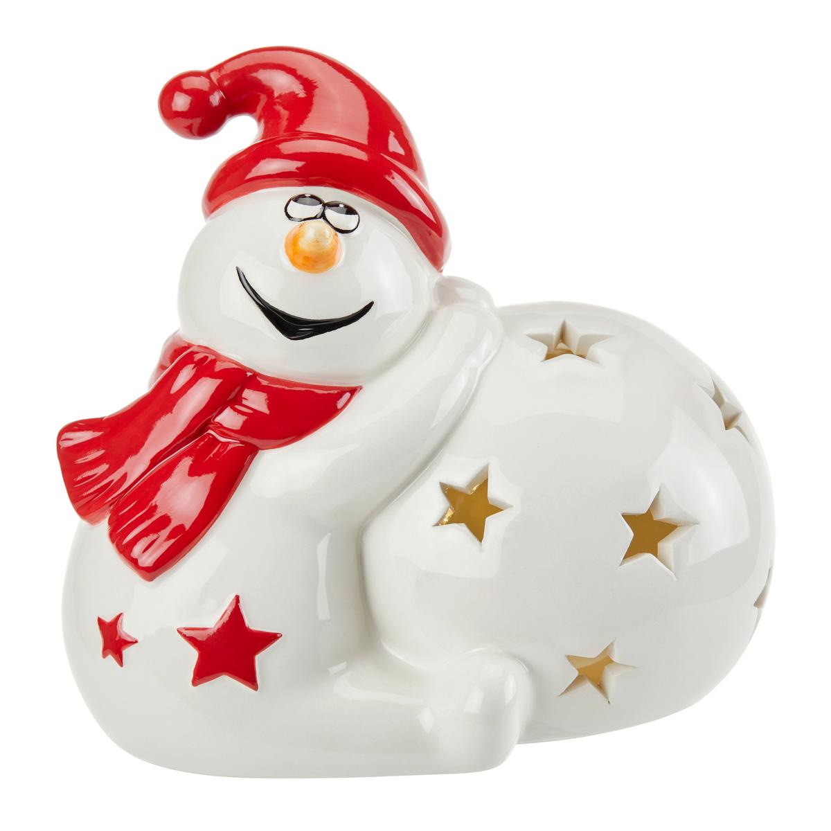 Weihnachtsdeko Schneemann Keramik Stehend H: 14 cm - Rot/Schwarz, Basics, Keramik (13,5/9,5/14cm) - Luca Bessoni