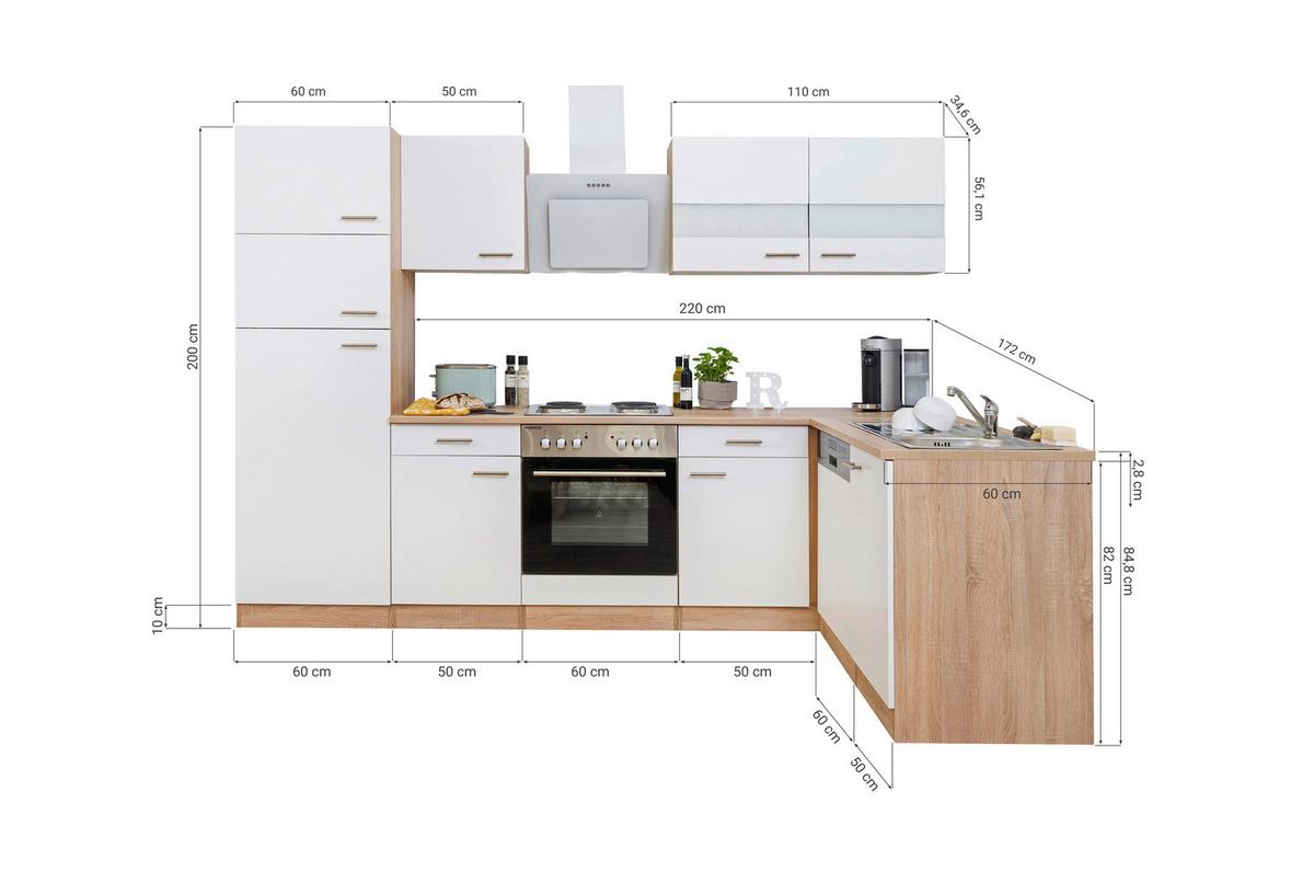 Eckküche Economy M. Geräten 172x280 Cm Weiß/eiche Dekor - Eichefarben/Eschefarben, Basics, Glas/Holzwerkstoff (280/172cm) - Respekta