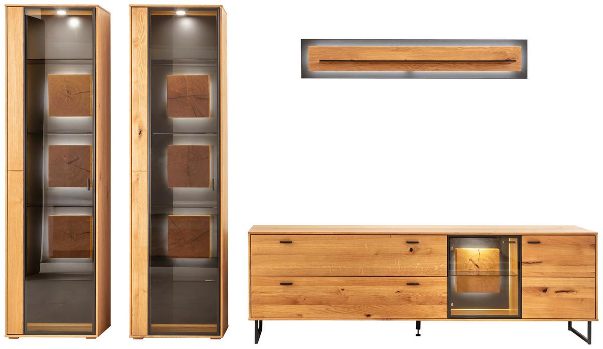 Wohnwand Assini 4-Teilig Wildeiche B: 359 cm - Wildeiche/Schwarz, Design, Glas/Holz (359/206/50cm) - MID.YOU