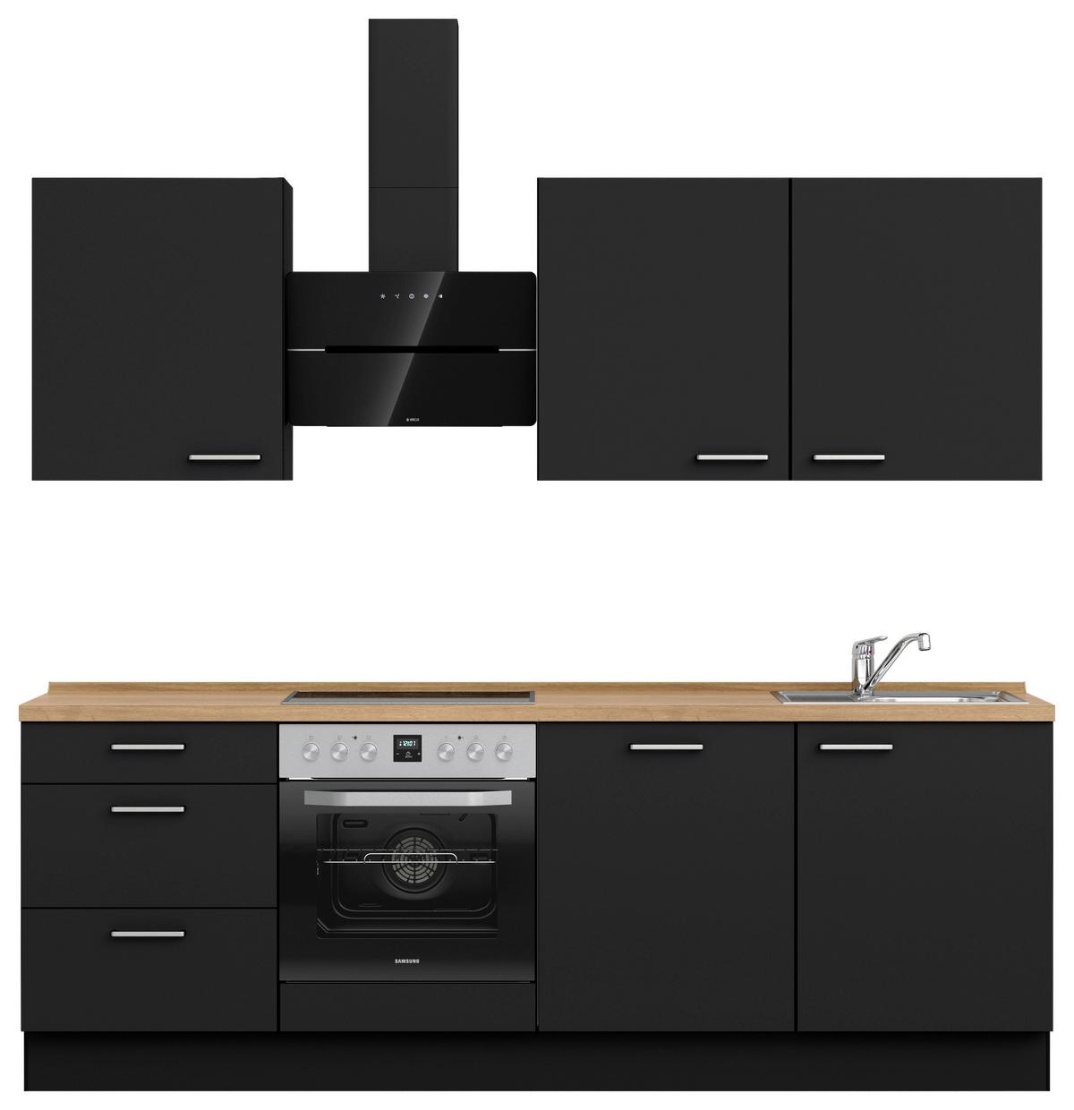 Kuchyňská linka 240 cm, černá matná/ barva dub - černá/barvy dubu, Moderní, kov/kompozitní dřevo (240cm) - Nobilia