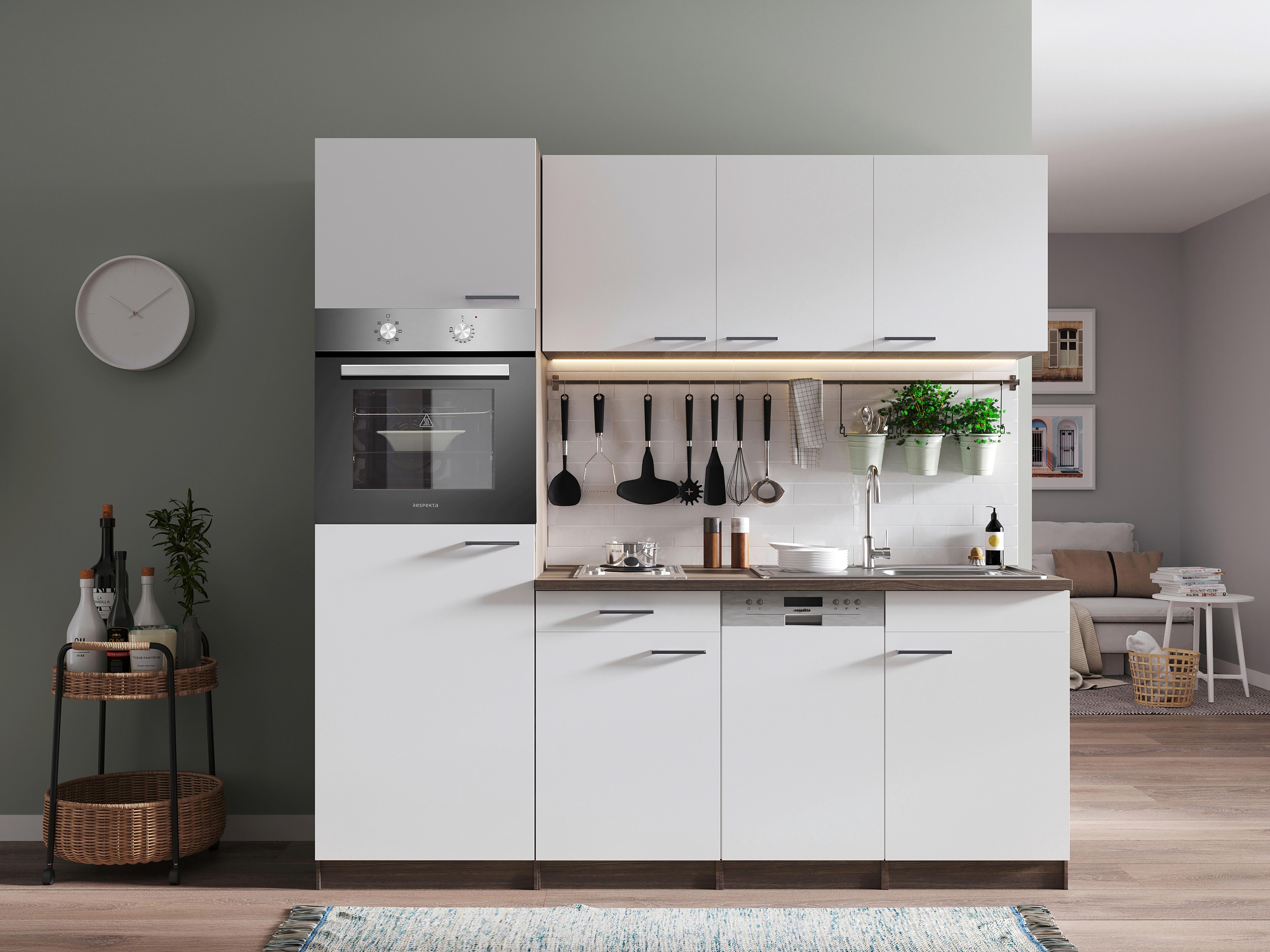 KÜCHENBLOCK OLIVER SINGLEKÜCHE 205 CM - Eichefarben/Weiß, Basics, Holzwerkstoff (205cm) - Respekta